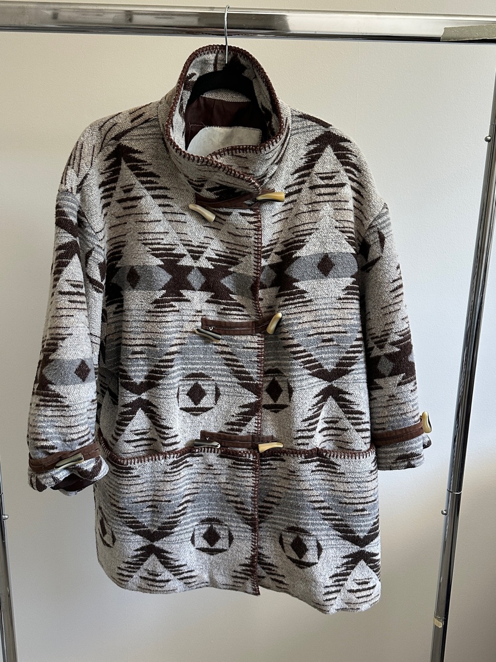 Vintage Chelsea Coat Made in Canada Geometric Pattern Horn Toggle Wool Blend